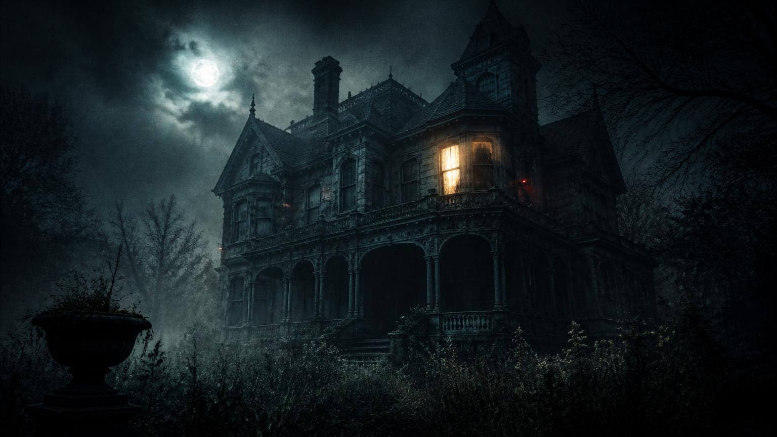 Rutherford House at night, one amber window lit above an overgrown lawn